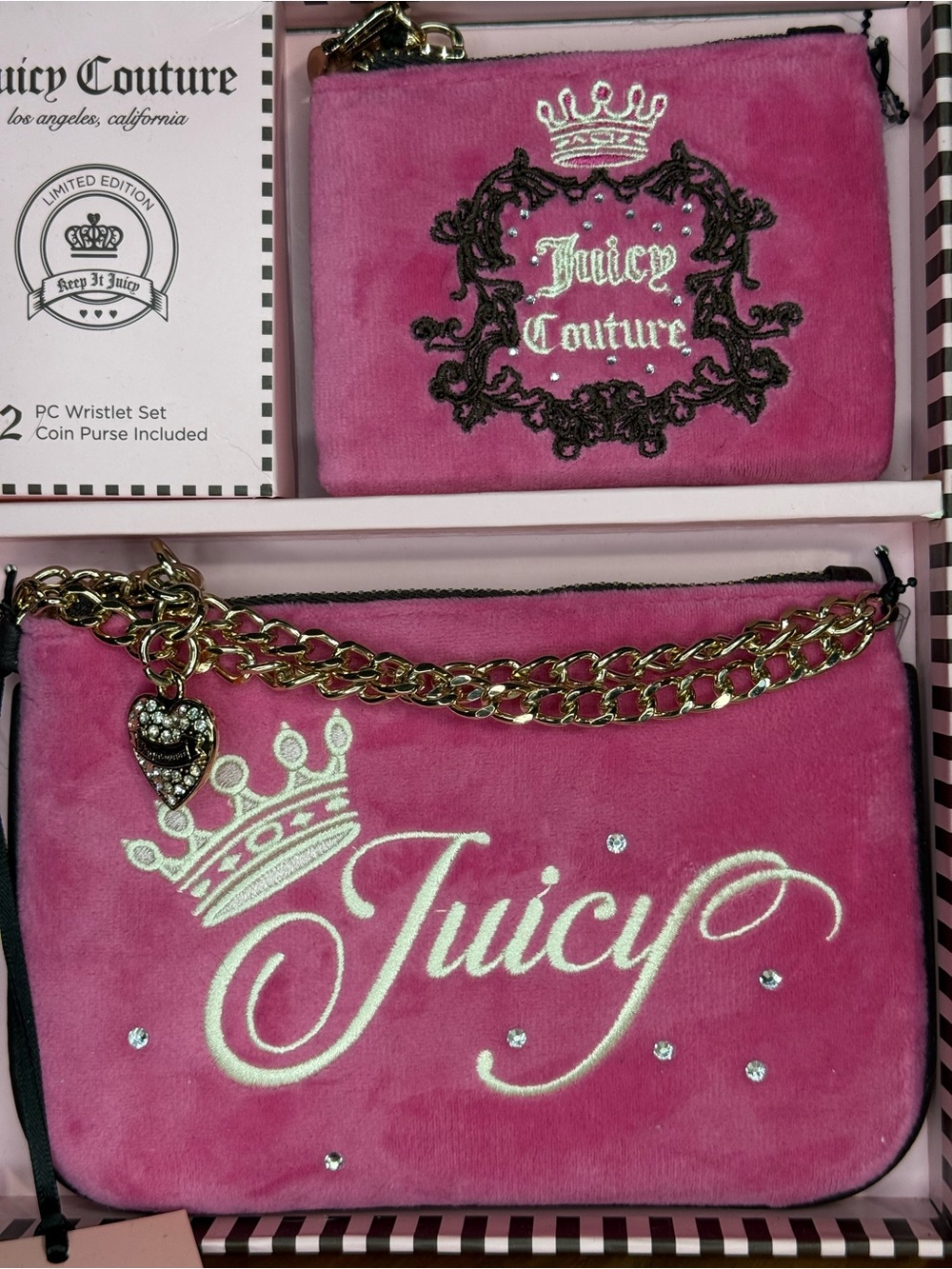 Juicy Couture Limited Edition Heritage Set Pink Velour Wristlet Coin Purse NWT - Picture 2 of 5